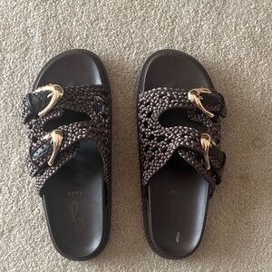 Joie Dark Brown Woven Sandals with Gold Accents